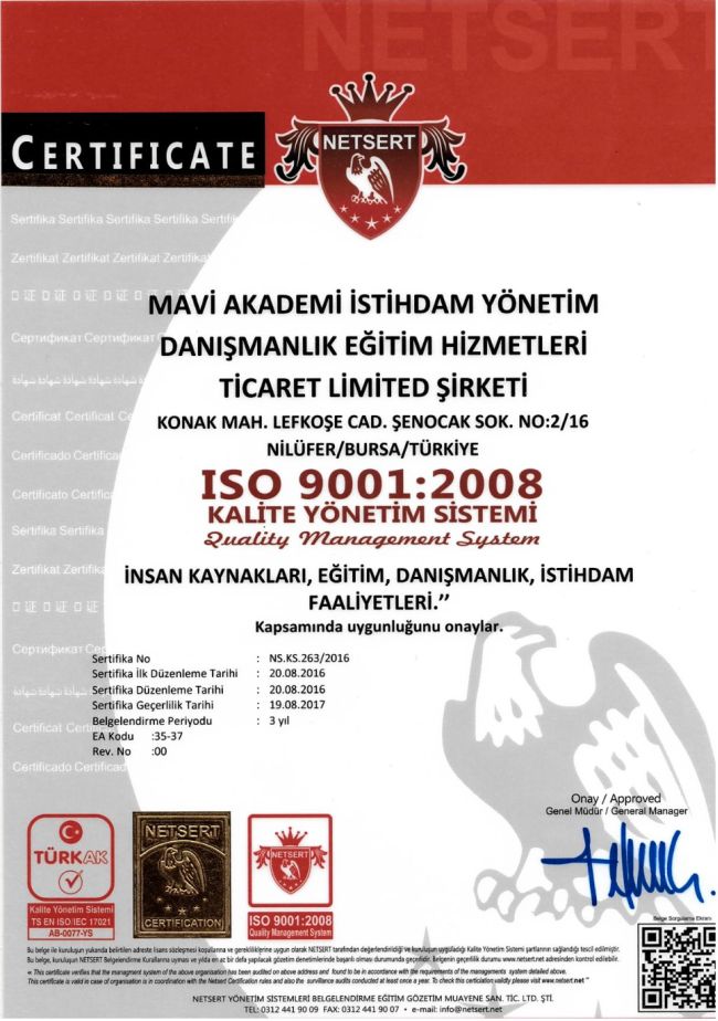 ISO 9001:2008 Kalite Yönetim Sistemi Belgesi